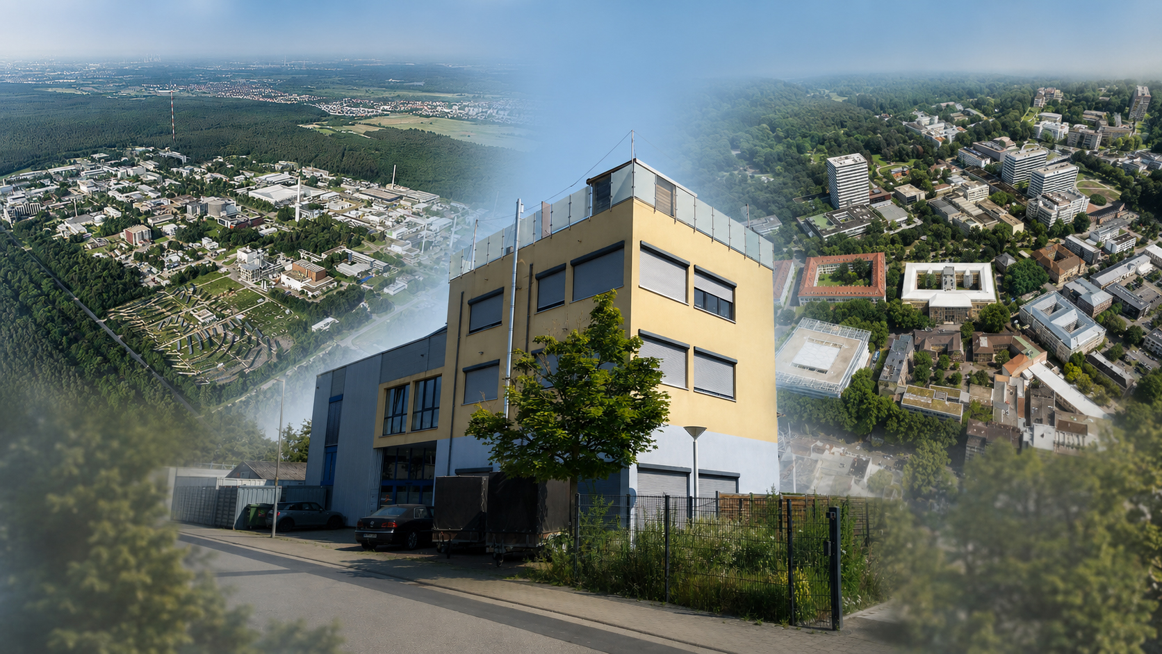 Fotomontage aus Campus Nord des KIT, dem Campus Baden Institut und Campus Süd des KIT als Symbol für Forschung, Wohnen und akademische Vernetzung