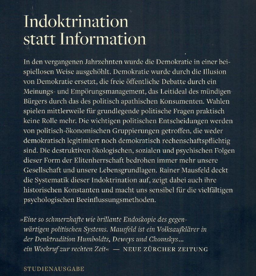 Buchrücken der Studienausgabe Warum schweigen die Lämmer von Rainer Mausfeld mit der Überschrift Indoktrination statt Information