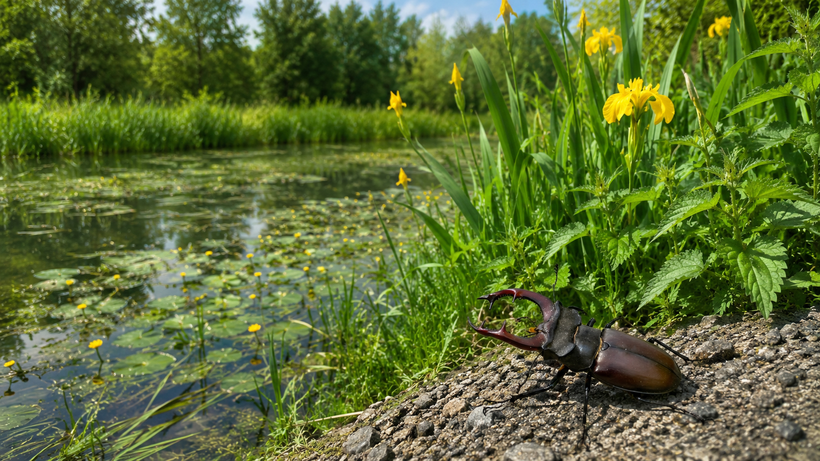 Fotomontage einer naturnahen Uferlandschaft mit Wasserpflanzen, gelben Blüten und Hirschkäfer als Symbol für Biodiversität, Lebensräume und Naturresilienz