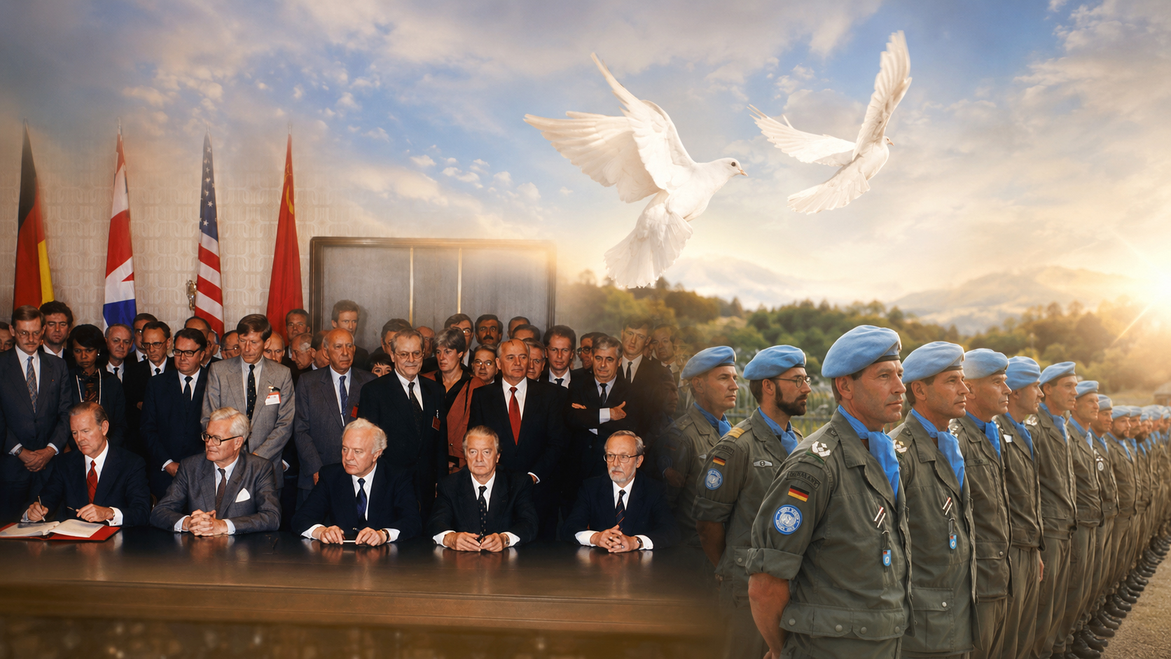 Fotomontage mit Unterzeichnung des Zwei-plus-Vier-Vertrags, aufsteigenden weißen Tauben und deutschen UN-Soldaten als Symbol für Diplomatie, Versöhnung und friedenssichernden Einsatz