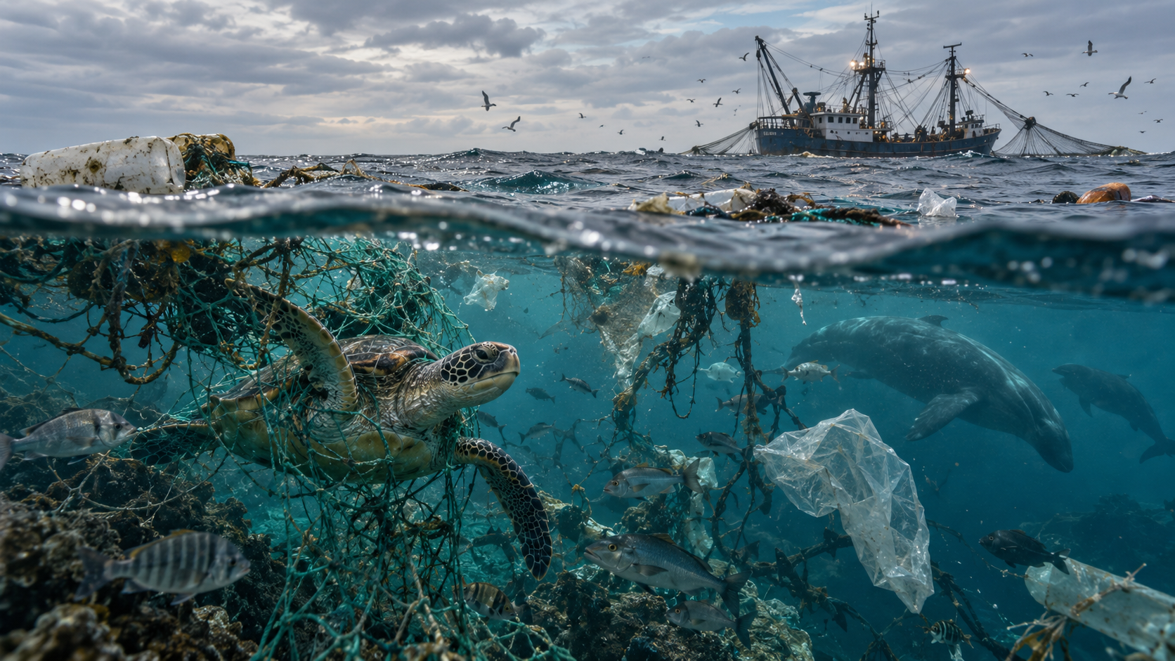 Realistische illustrative Darstellung einer bedrohten Meereswelt mit Fischereimüll, Fangnetzen, Meeresschildkröte, Fischen und einem industriellen Fischereischiff